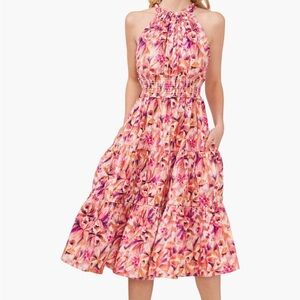 Coco Reef Pink & Orange Floral Tiered Midi Dress
